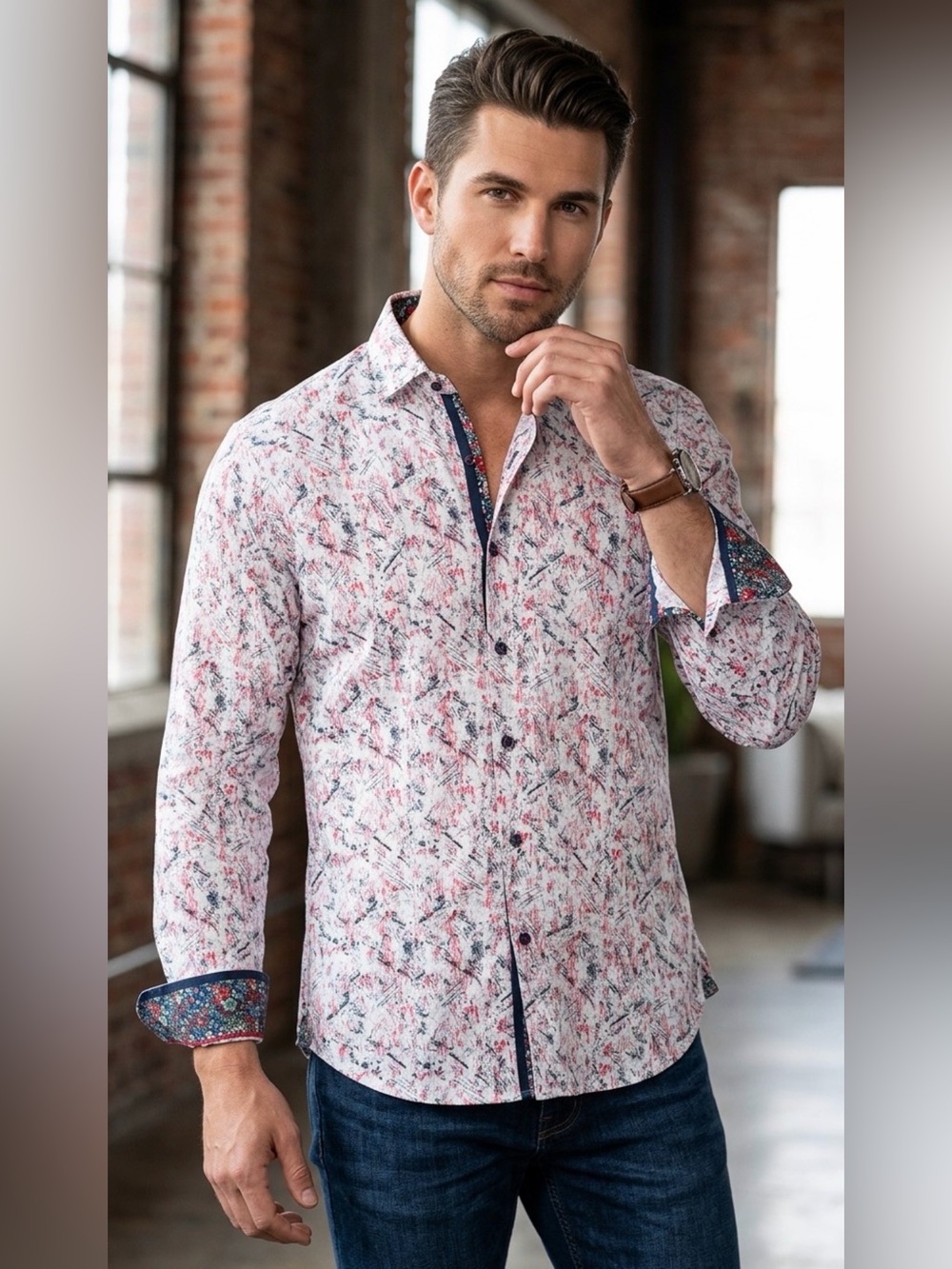 NWT Au Noir "Duke Red" Men's Designer Stretch Shirt Slim Fit Size 4 Large